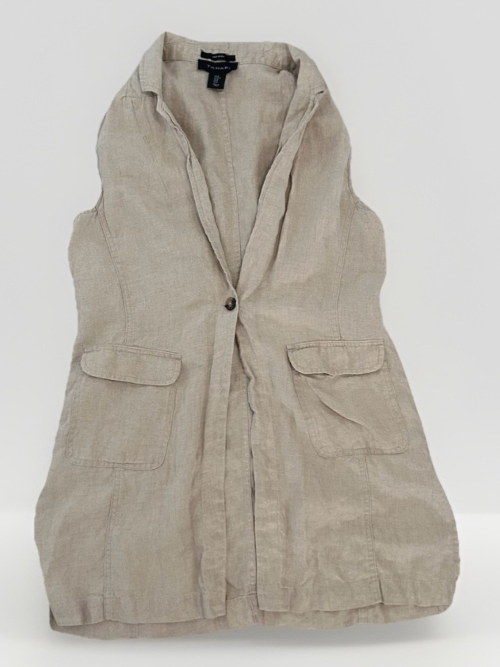 Tahari 100% Linen Longline  Vest Shawl Lagenlook Womens M Beige Minimalist Boho